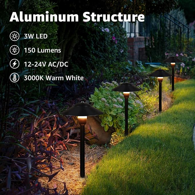 SUNVIE 3W Low Voltage Pathway Lights, 4-Pack 7.9" 3000K Classic Aluminum | Landscape Lights, 12-24V AC/DC, IP65 Waterproof, ETL Listed Wire, with Fastlock2 Connectors, for Yard Garden Walkway Driveway