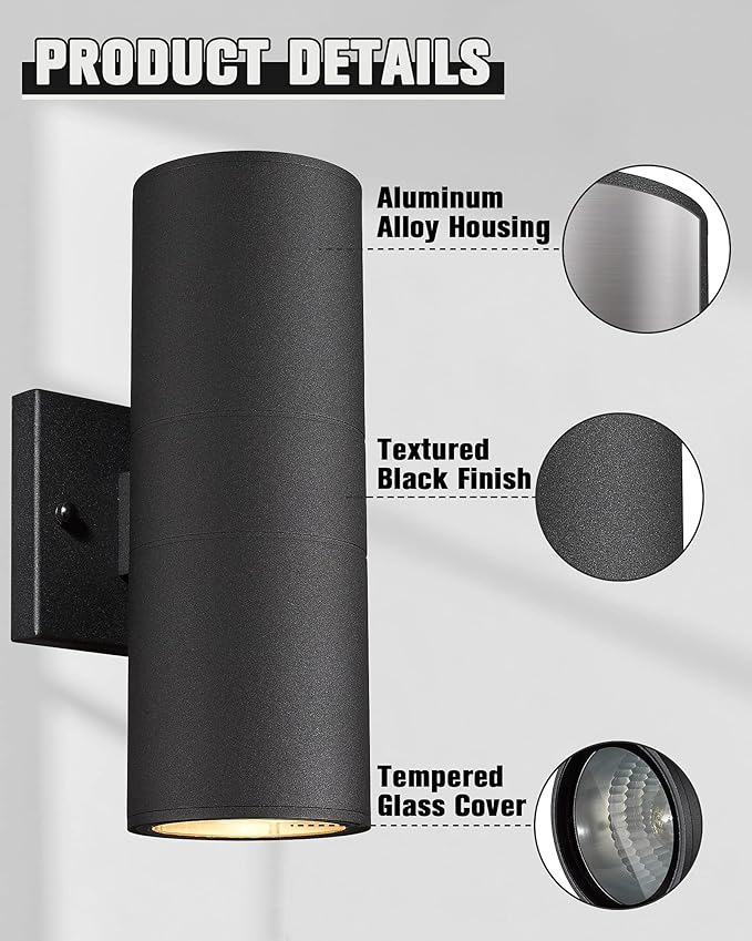 Ken & Ricky Cylinder Outdoor Wall Sconce Lights,Up and Down, Black, 1 Pack | Aluminum Waterproof Outdoor Wall light,No Glare,Exterior Lighting Fixtures,E26 Base，For Porch House Garage Front Door Patio