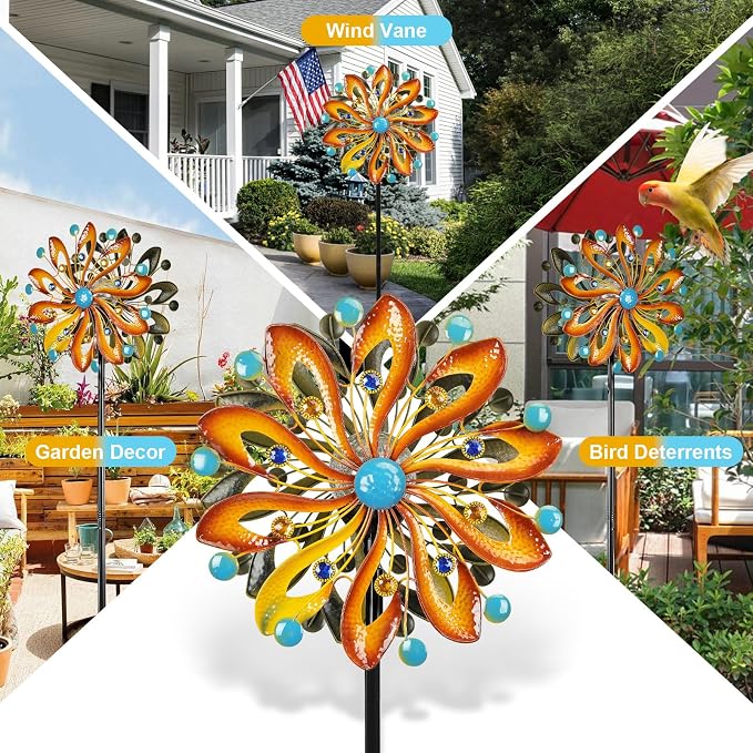 MLKNK Wind Spinners for Yard and Garden - Wind Sculptures & Spinners | Wind Spinners Outdoor 75 Inch, Kinetic Art with Solar Powered Multi-Color Glass Ball Light