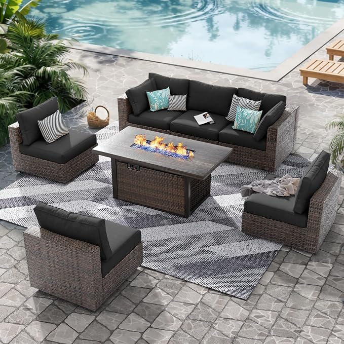 Grezone Patio Furniture Set,7 Piece Patio Furniture Set with Fire Pit Table,PE Wicker Rattan Sectional Sofa Patio Conversation Set with Thickened Cushions, Black