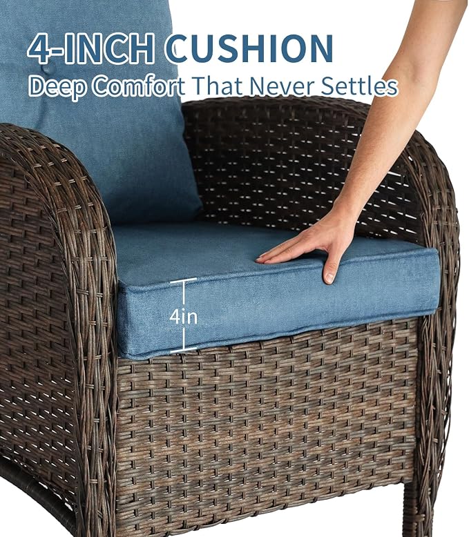 SHGJ&SOFT All Weather Patio Furniture Set, High Back Swivel Rocker Glider Chairs，Ottomans & Glass Tables, Outdoor Conversation Set for Deck Porch Yard Poolside (Blue, 5PCS-Sofa&Swivel Chairs&Tables)