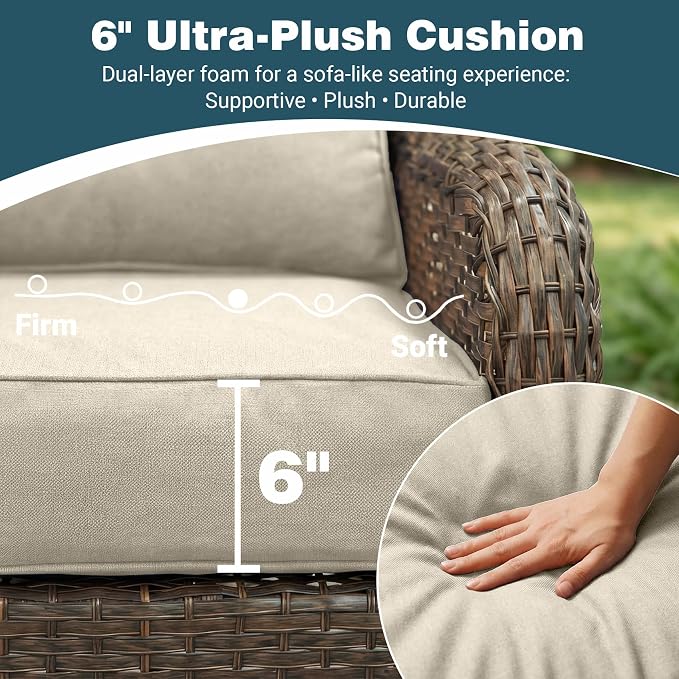 Patio Furniture Set, 5PCS Outdoor Wicker Conversation Set with 6" Thick Cushions, High Back Swivel Rocker Chairs, Weather Resistant Olefin Fabric for Garden, Poolside, Beige