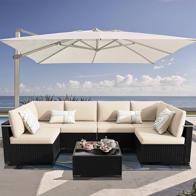 KIGOTY 7-Piece Patio Furniture Set, All-Weather PE Rattan Outdoor Sectional Sofa, Modular Wicker Conversation Set with Thick Cushions & Easy-Clean Coffee Table（Black/White）