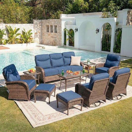 Belord Upgraded 6“ Cushion Luxury 10 Piece Patio Furniture Set - All Weather Wicker Outdoor Furniture with Swivel Rocker Patio Chairs, High Back Conversation Set for Deck Porch Yard - Brown/Blue