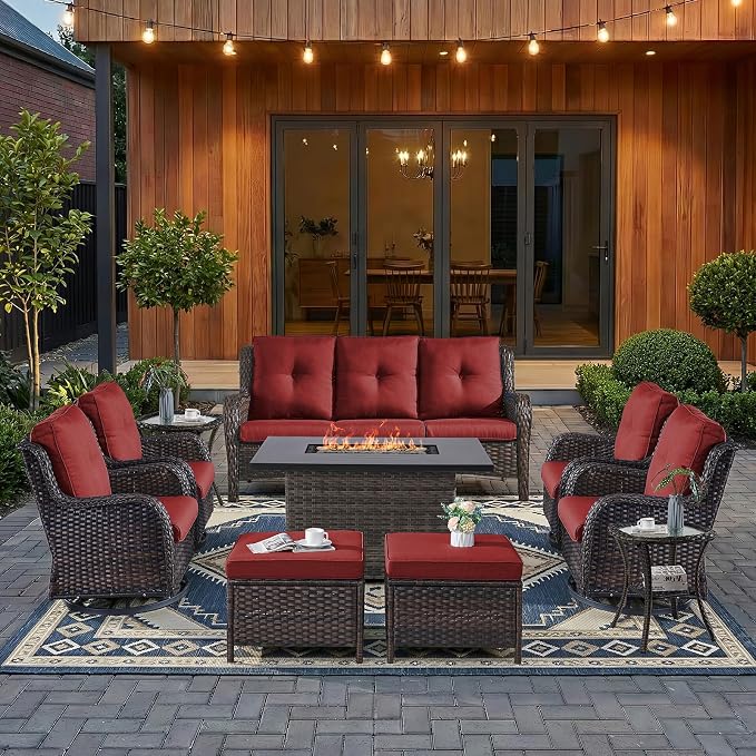 HUMMUH 10 Pieces Patio Furniture Set with Fire Pit High Back Wicker Outdoor Furniture Set Swivel Rocker Chairs 3-Seater Couch for Porch,Deck,Backyard