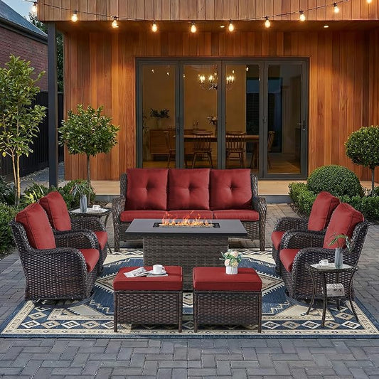 HUMMUH 10 Pieces Patio Furniture Set with Fire Pit High Back Wicker Outdoor Furniture Set Swivel Rocker Chairs 3-Seater Couch for Porch,Deck,Backyard