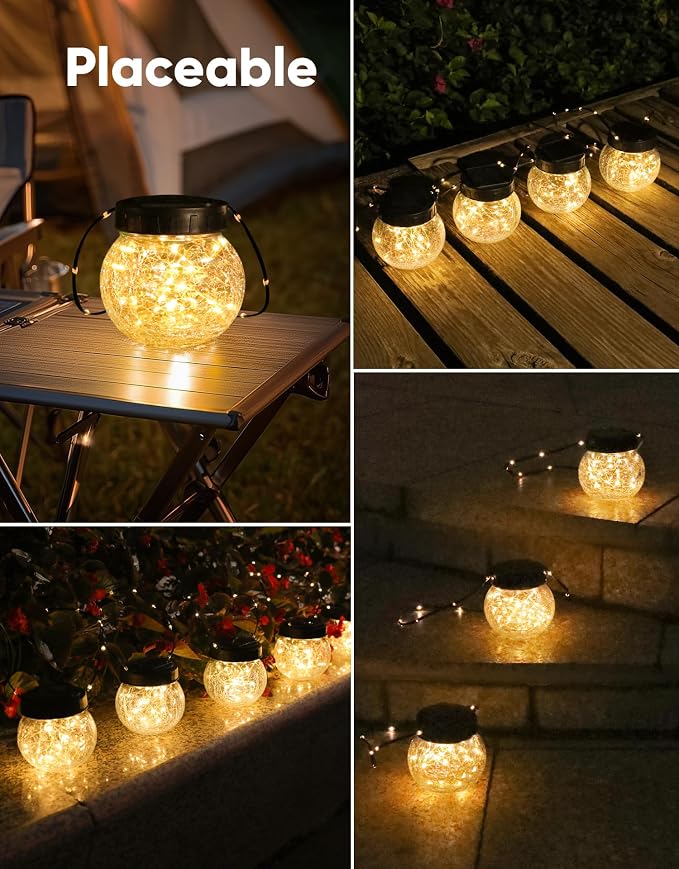 Solar Lights Outdoor Waterproof 24-Pack, Solar Powered Hanging Lantern Cracked Glass Hanging Globes for Yard Decor Christmas Decoration, Shepherd Hook, Garden Tree Table Ornaments, Warm
