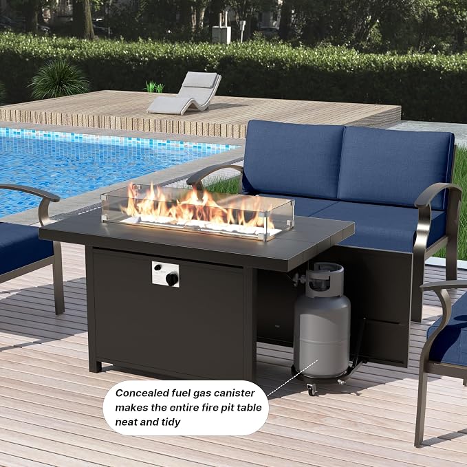 Gotland Outdoor Aluminum Patio Furniture Set with Fire Pit Table, 13 Pieces Metal Patio Furniture with 2 Swivel Rocking Chairs 11 Seats Waterproof 5.1'' Seat Cushions, for Garden Balcony Porch Navy