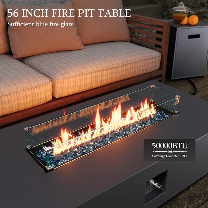 UPHA 6 Pieces Patio Furniture Set with 56" Propane Gas Fire Pit Table, Metal Outdoor Sectional Couch Set with 3-Seat Sofa, Modern Patio Conversation Set for Porch Balcony Deck, 5 Seats, Gray