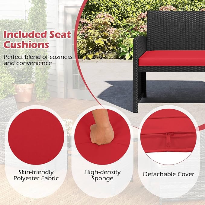 RELAX4LIFE 8-Piece Patio Furniture Set - Wicker Rattan Outdoor Sectional Sofa Set w/Glass Coffee Table, Loveseat, Chairs & Soft Cushions, Bistro Conversation for Garden Porch (2, Black-Red)