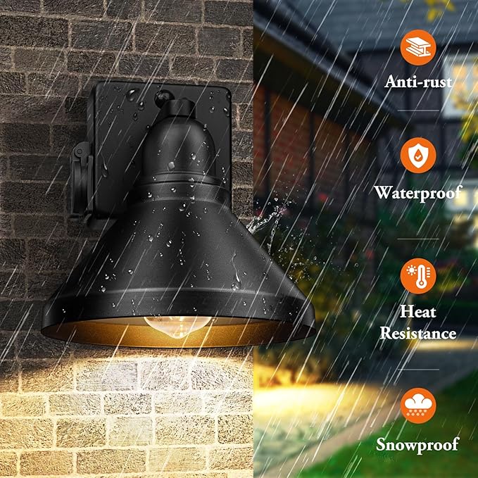 Motion Sensor Outdoor Wall Lights, Dusk to Dawn Porch Lights Outdoor Wall Sconces, Exterior Barn Lighting Fixtures with Outlet, Black Outside Lights for House, 2-Pack