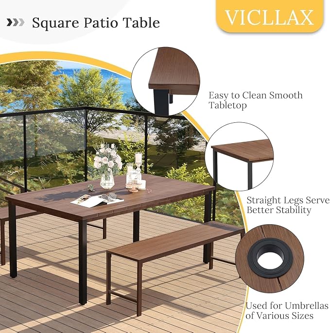 VICLLAX 63" Rectangle Outdoor Dining Table for 6, Patio Table with Umbrella Hole, All Weather Metal Patio Tables, Walnut Tabletop