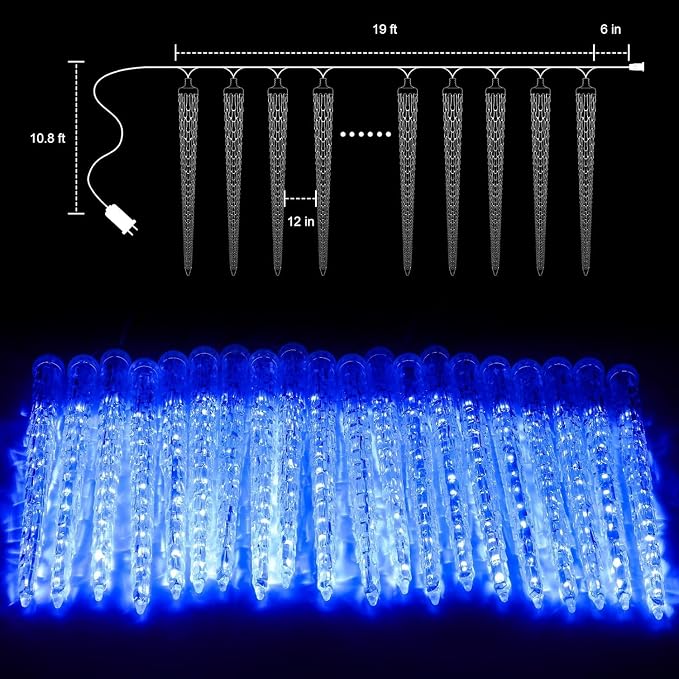 Brightown Christmas Meteor Shower Icicle Lights Outdoor, 2 Pack Total 40ft with 40 Large Tube 960 LED Dropping Effect, Waterproof Decorations for House Eave Roofline, Blue
