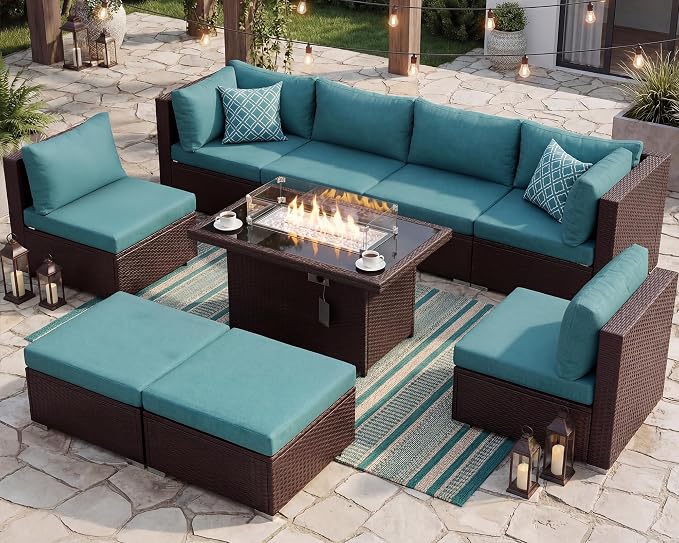 NICESOUL Large Outdoor Patio Furniture Set with Firepit Propane/Natural Gas, High-End Deep Seats Wicker Modular Sectional Sofas for 8, 29.3'' High Back Conversation Sets, Brown Rattan and Teal Cushion