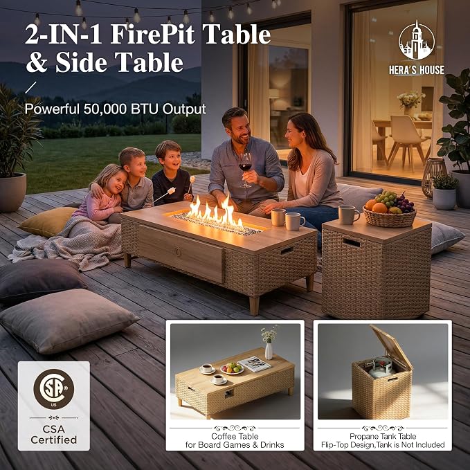 HERA'S HOUSE 4 Pieces Patio Furniture Set with Fire Pit, Outdoor Sectional Rattan Wicker Sofas with 10" Thick Cushion, Low Profile Lawn Deck Furniture with Wide Armrest