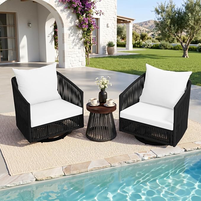 Outdoor Patio Furniture Set, 3 Pieces Outdoor Swivel Chairs with Coffee Table and Thick Cushion, Pe Wicker Rope Furniture Set for Entertaining, Balcony, Garden, Poolside, Black