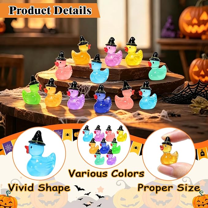 100 Pcs Halloween Luminous Mini Resin Ducks Glow in the Dark Tiny Little Plastic Duck Figures with Witch Hat Miniature Figurines for Crafts Micro Landscape Fairy Garden Party Decor