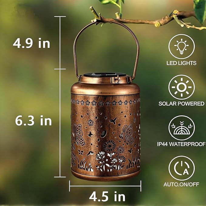 Metal Butterfly Solar Lanterns, Outdoor Waterproof Butterflies Garden Decor Hanging Lights Decoration for Outside Yard Patio Backyard Porch