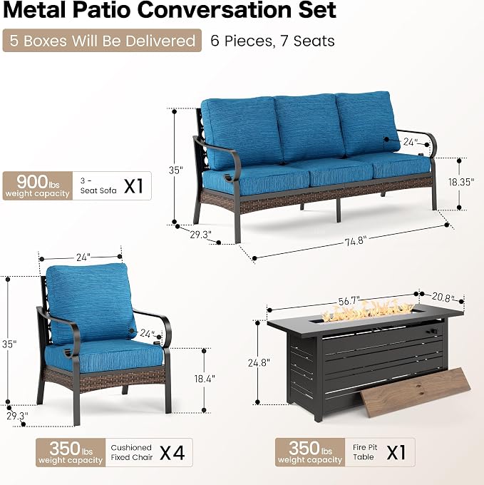 SUNSHINE VALLEY 6 Piece Black Metal Outdoor Patio Furniture Sets with Firepit Table, Patio Conversation Sets 1 3-Seater Sofa, 4 Single Sofa with 5.75" Extra Cushion Backyard Furniture for Deck, Blue-2