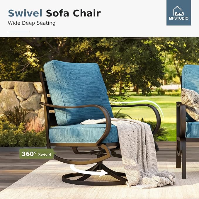 MFSTUDIO 6 Pieces Patio Furniture Sets with 45" Gas Fire Pit Table(Up to 7 Seat),Outdoor Metal Frame Patio Conversation Sofas with 1 x 3-Seat Sofa, 2 Swivel Chairs and 2 Ottoman, Peacock Blue Cushion