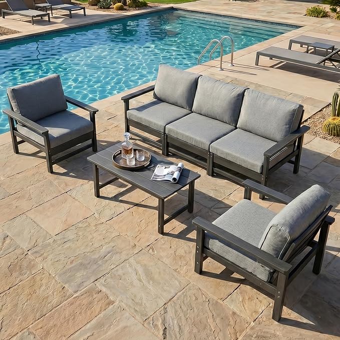 HDPE Outdoor Patio Furniture Set, 6-Piece Sofa Set with 3-Seat Couch, 2 Armchairs & Coffee Table, Weatherproof Conversation Set with Cushions, All-Weather Waterproof, for Garden, Porch & Backyard