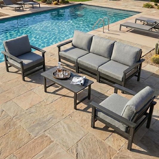 HDPE Outdoor Patio Furniture Set, 6-Piece Sofa Set with 3-Seat Couch, 2 Armchairs & Coffee Table, Weatherproof Conversation Set with Cushions, All-Weather Waterproof, for Garden, Porch & Backyard