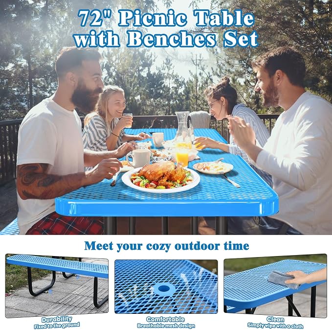6FT Rectangular Outdoor Picnic Table with Attached Benches, Heavy-Duty Expanded Metal Mesh Patio Table, Commercial-Grade Outdoor Seating for Park, Backyard, Deck, Lawn, Blue