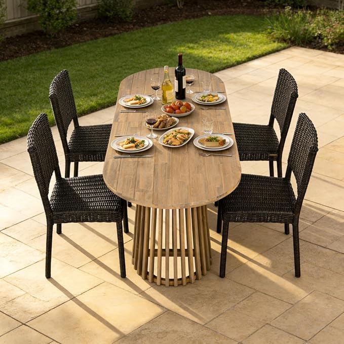 Christopher Knight Home Farley Acacia Wood Outdoor Dining Set for 4, 5 Piece Patio Dining Table and Chair Set, Faux Rattan Outdoor Dining Chair and Table Set, Teak+Light Brown