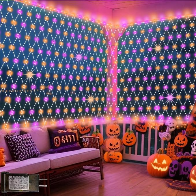 Orange and Purple Halloween Net Lights Outdoor, 15x 5ft Green Wire | 300 LED Large Net Mesh Lights Plug in, 8 Modes Waterproof Connectable Bushes Lights for Halloween Hedge Yard Decor