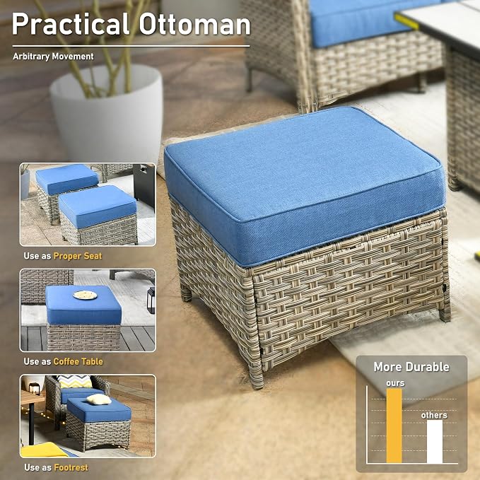 HOOOWOOO 6 Piece Patio Furniture Conversation Sets with Sola Light Table,Outdoor Wicker Furniture with Ottoman, All Weather Resistant Outside High Back Rattan Patio Set(Diamond Blue)