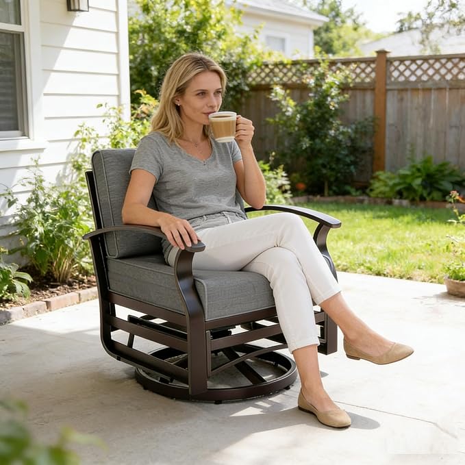 Gotland Outdoor Furniture, Metal Outdoor Swivel Chair with 5.1’’ High-Resilience Seat Cushions 6.2’’ Thick Back Pillow 29.5’’ Deep Seat Removable Cushions, Patio Furniture for Lawn, Porch