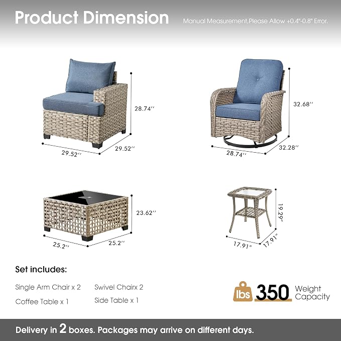 Wicker Patio Furniture Set with Swivel Chairs, 6 Pieces Outdoor Sectional with Glowing Coffee Table, Out Door Furniture Conversation Set, Denim Blue