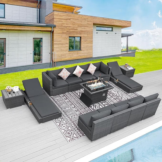 BULEXYARD 13 Piece Large High Back Grey Rattan Patio Furniture Set with Propane/Gas Fire Pit Table and Lounge Chaise, Luxury Comfy Deep Wide Seat Outdoor Wicker Sectional Conversation Sofa, Dark Gray