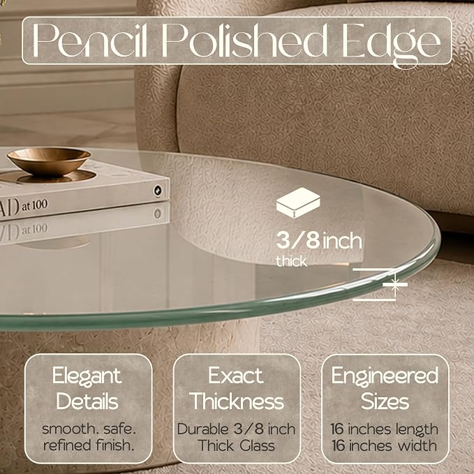 16 inch Round 3/8" Thick Pencil Polished Edge Glass Table Top with 6 Bumpers - Tempered, Scratch Resistant & Safety Replacement Glass Designed for Dining, Coffee, Patio & End Tables