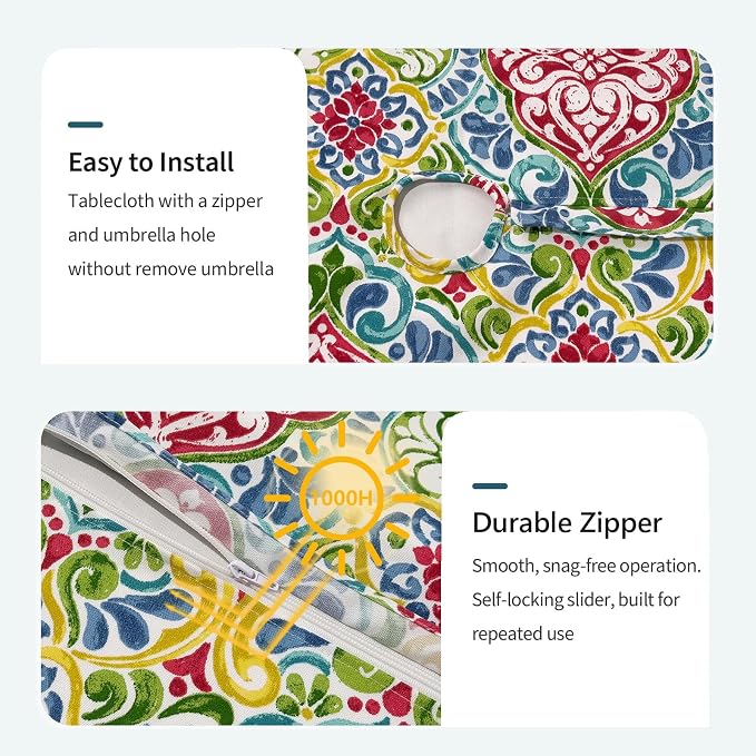 DYTXIII Outdoor Rectangle Tablecloth with Umbrella Hole and Zipper 84" x 60", Water Repellent Floral Picnic Cover, Fade & Wrinkle Resistant Tablecloth for Patio/Garden/Party Table, Damask Red