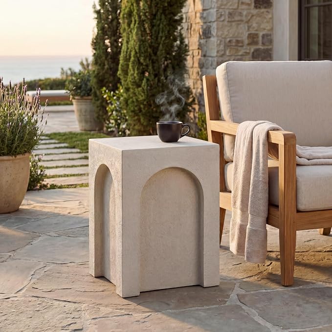 Christopher Knight Home Antue Lightweight Concrete Outdoor Side Table, MGO Square End Table, Small Coffee Table for Patio Garden, Outdoor Plant Stand, No Assembly Required, Antique White