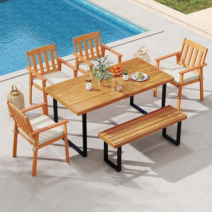 Tangkula 6 Pieces Patio Dining Table Set, 63” Rectangle Acacia Wood Table with Umbrella Hole and 4 Cushioned Armchairs and Backless Bench, Outdoor Dinette Furniture for Garden Yard Kitchen