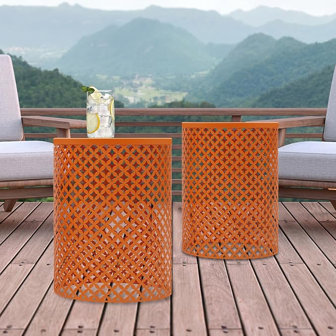 Metal Frame Accent Table,Cylindrical Outdoor Side Table,Decorative Garden Stool,Set of 2 Nesting Side Table,Modern Decorative Garden Stool for Patio Balconies Cafes Parks (2, Orange)