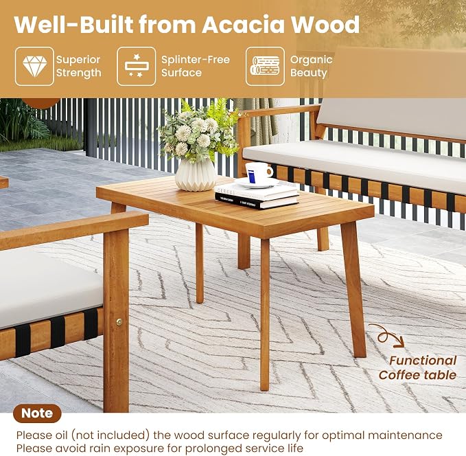 Tangkula Acacia Wood Patio Furniture Set, 4 Piece Thick Cushioned Outdoor Conversation Set with 800lbs Capacity Loveseat, 2 Armchairs and Coffee Table, for Backyard, Garden, Deck