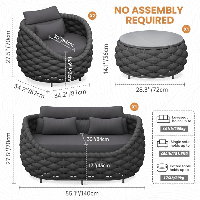 Aluminum Patio Furniture Set of 4: Woven Rope Outdoor Conversation Sofa Set Assembled - Modern Cushioned Armchair Couch Set for 660lbs Porch Deck Backyard Poolside Drawing Room Hotel, Dark Gray