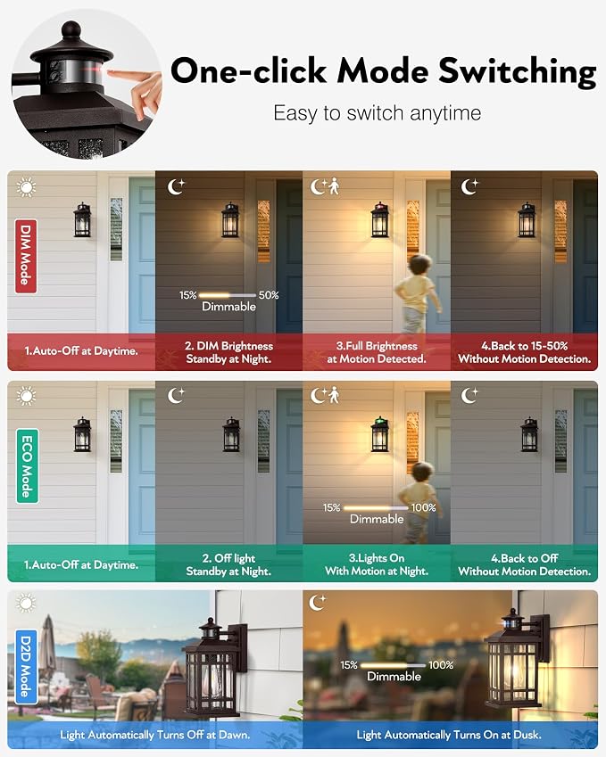 Porch Lights Outdoor with Motion Sensor, 2 Packs Oil Rubbed Bronze Outside Lantern Fixtures Wall Mount, Aluminium Anti-Rust Exterior Wall Light, Dusk to Dawn Coach Light for Garage Patio Entry