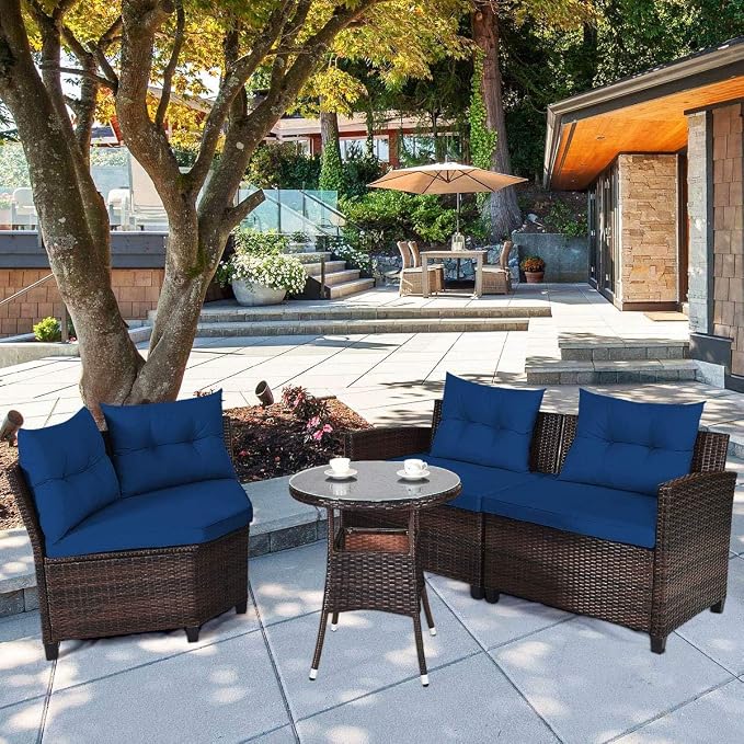 HAPPYGRILL 4 Pieces Rattan Patio Conversation Set, Outdoor Wicker Furniture Set with Cushioned Sofas and Coffee Table, L-Shape Sectional Curved Sofa Set for Garden Poolside Balcony