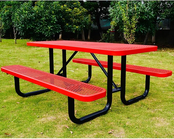 Heavy Duty 6' Rectangular Picnic Table, Expanded Metal, (72" Long) (Red)