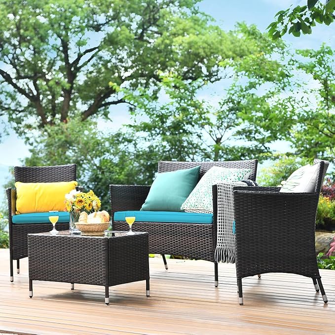 COSTWAY 8PCS Rattan Patio Furniture Set | Outdoor Wicker Rattan Chairs with Coffee Table, Rattan Cushioned Conversation Set for Backyard Balcony Poolside, Turquoise