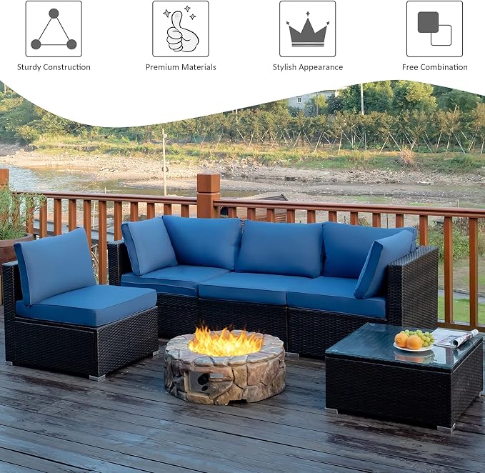 COSTWAY 5-Piece Outdoor Patio Furniture Set, PE Rattan Sofa Chairs with Cushions and Tempered Glass Coffee Table, Conversation Sofa Set for Backyard Garden (Navy)