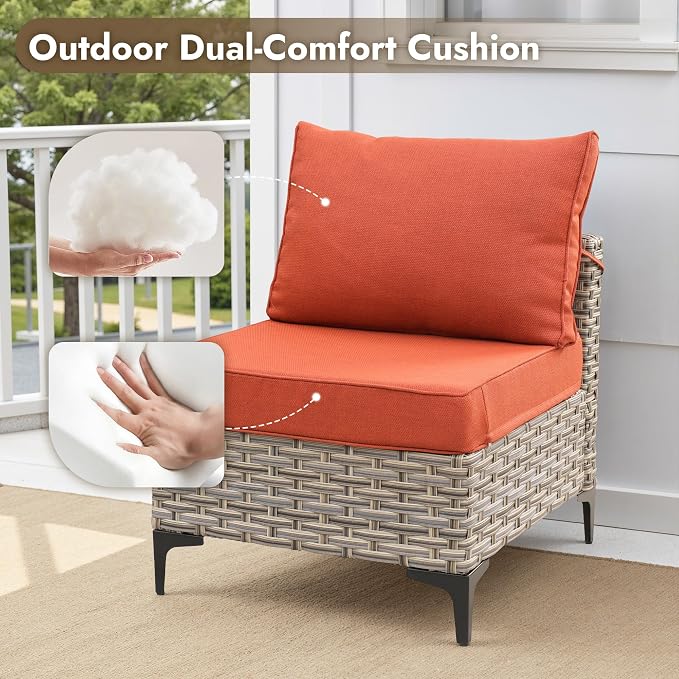 8 Pieces Patio Furniture Set with 42" Fire Pit, All-Weather Rattan Outdoor Sectional Conversation Sets L Shaped Sofas with Solar Light Coffee Table for Porch Backyard,Coarse Stripes Red