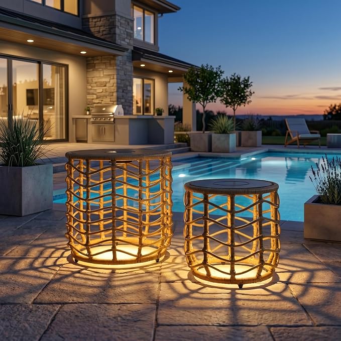 Solar Yard Set of 2 Solar Nesting Tables with Built-in Lights, Weather-Resistant Wicker for Patio, Garden, Side Table for Outdoor Natural