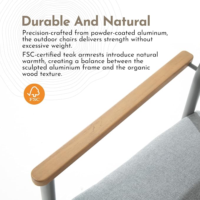 Modern Shade Lusso Outdoor Dining Chairs Set of 2, Fade Resistant, All-Aluminum Outdoor Chairs with FSC Teak Wood Armrests, Weather-Resistant Patio Chair with Quick Dry Cushion, Gray