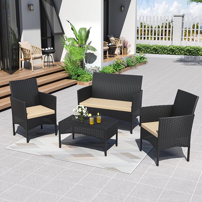 ALAULM Outdoor Patio Furniture Set, 4 Pieces Patio Conversation Set Wicker Chairs with Glass Table and Soft Cushion for Porch,Backyard, Poolside (Sand)