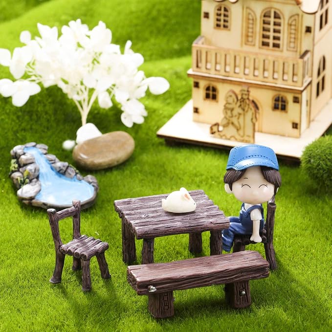 Skylety 12 Pieces Garden Furniture Ornaments Miniature Table and Chairs Set Village Micro Resin Bench Chair for Fairy Garden Accessories Home Micro Landscape Decor(Vintage Style)